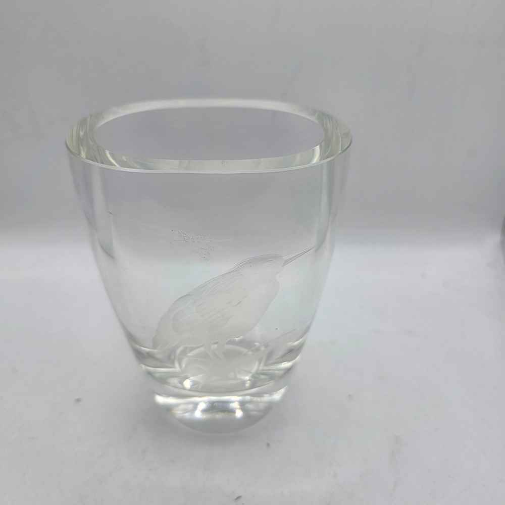 Vintage Heavy Crystal Art Glass Vase Etched Heron Egret Bird Reeds MCM